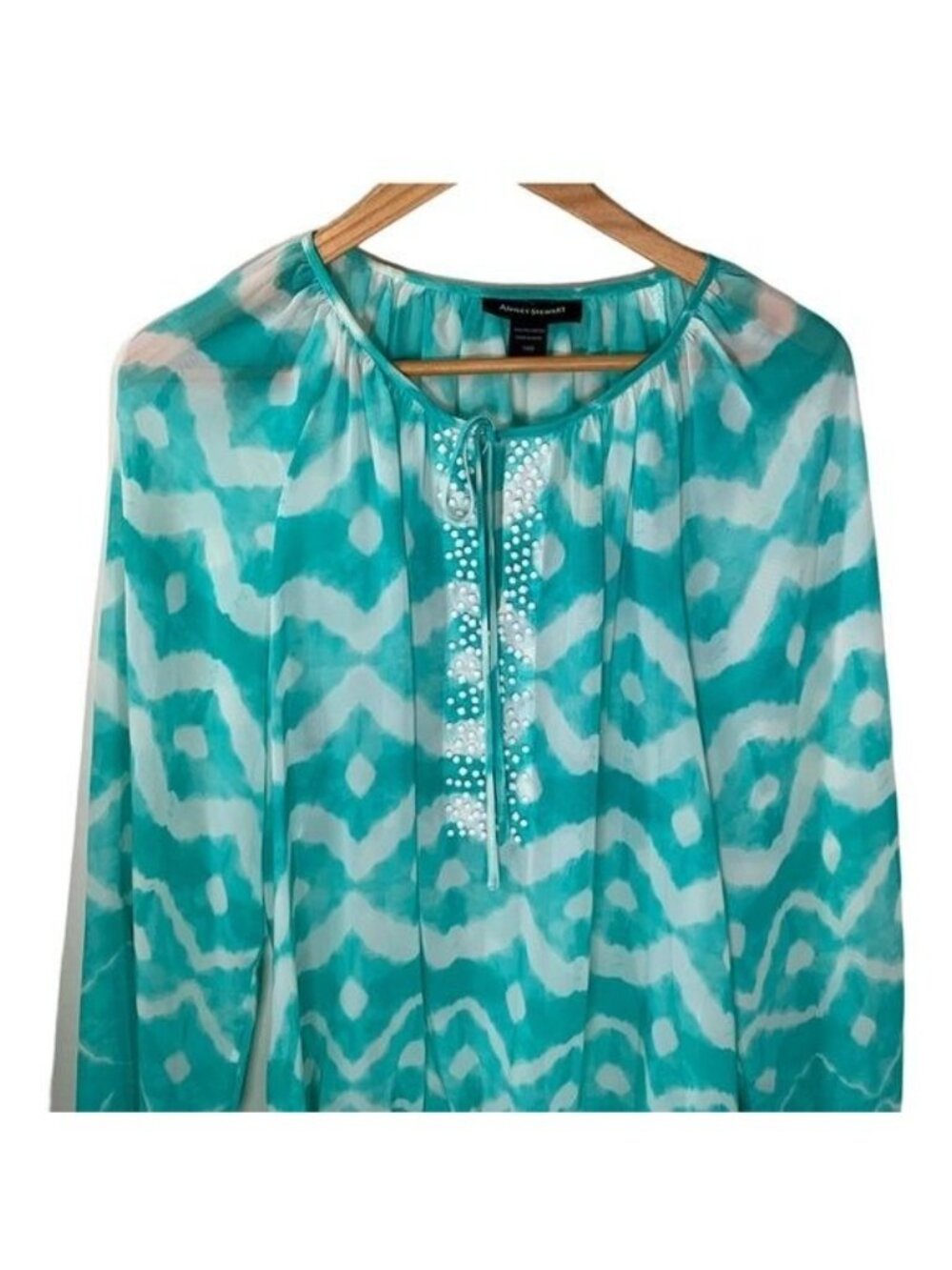 Ashley Stewart Womens 14W Blue Boho Peasant Blouse Sheer Crochet Top Plus Size - Picture 5 of 10